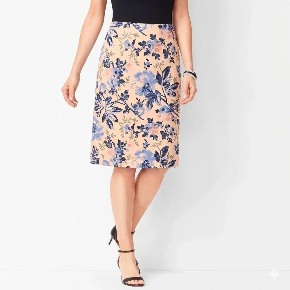 TALBOTS 10 Peach‎ Blue Floral Cotton Stretch Pencil Skirt Career Artistic